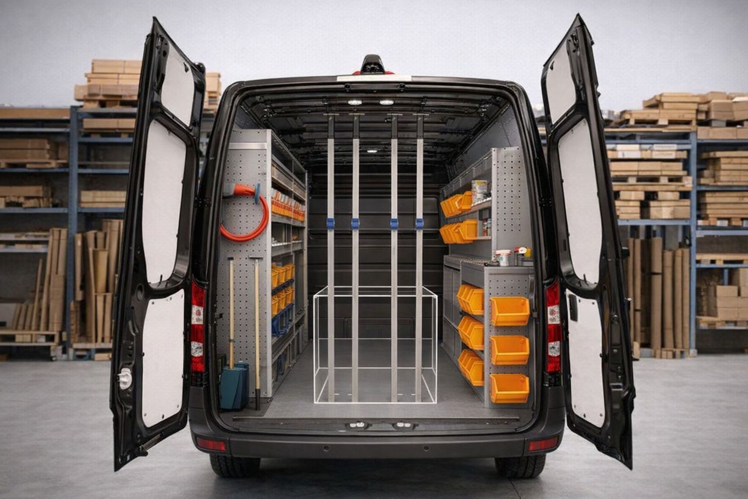 Varebil med profesjonell modulinnredning fra Work System for sikker lagring.